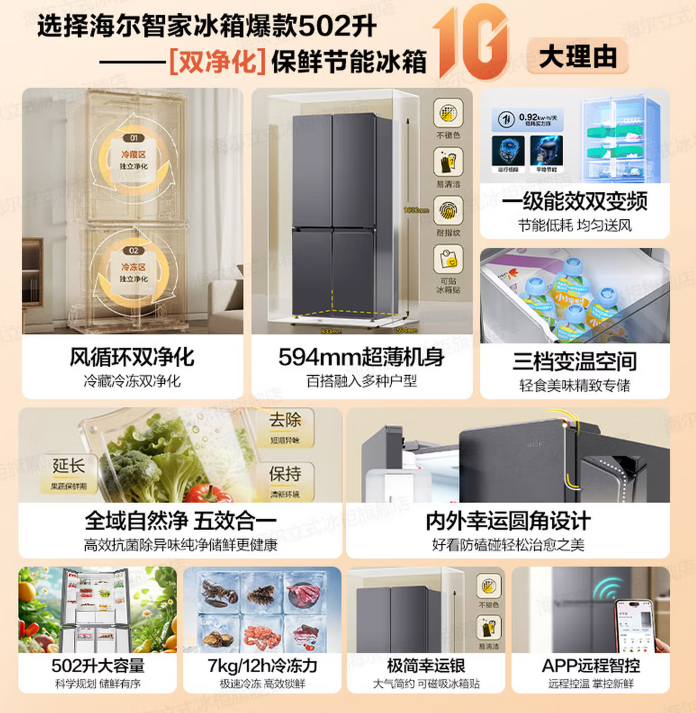 海尔（Haier）冰箱502升十字对开四开门家用大容量双循环超薄可嵌入一级节能双变频家电国家补贴统帅510懒人系列 502L星蕴银+全空间净味+双循环+变温储鲜
